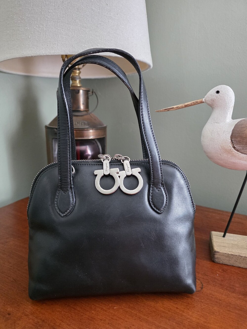 Salvatore Ferragamo Gancini Mini Satchel Black Leather Top Handle Handbag COA